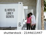 Small photo of Puebla, Mexico - April 10, 2022: Citizens go to the polls to vote in the Citizen Consultation for the Removal of the Mandate of the President of Mexico, Andres Manuel Lopez Obrador (AMLO)