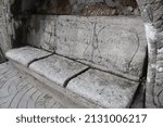 Small photo of Porthcurno, Penzance, UK: October 2021 - The Minack Theatre close up of stone seating with engraved writing