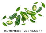 Small photo of flying sliced jalapeno peppers isolated on white background. Green chili pepper. Capsicum annuum. clipping path