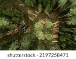 Small photo of A large green wood harvester moving in the middle of Estonian coniferous forest.
