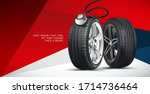 Inflating tire and checking air pressure with gauge pressure in service station. Tyre poster GET A FREE TYRE SAFETY CHECK TODAY. Discount. Black rubber tire. Realistic vector tyre. 