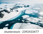 Aerial view of icebergs and ice floes in Glacier Lagoon