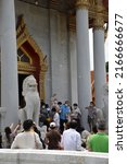Small photo of Bangkok, Thailand – May 22, 2022: Wat Benchamabophit Dusitwanaram Temple, built from Italian marble, displays ornate high gables, stepped-out roofs and elaborate finials, in Bangkok, Thailand, Asia