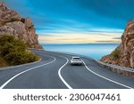 car driving on the road of europe. road landscape in summer. it's nice to drive on the beach side highway. Highway view on the coast on the way to summer vacation. Turkey trip on beautiful travel road
