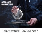 Business, Technology, Internet and network concept. Financial Graph. Stock Market chart. Young businessman working on a virtual screen of the future and sees the inscription: Affiliate marketing