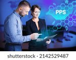 Small photo of Business, Technology, Internet and network concept. Young businessman working on a virtual screen of the future and sees the inscription: PPS