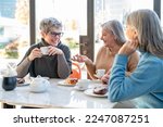 Small photo of Group of elderly women having fun during breakfast in a cafeteria, three retired female friends are celebrating an anniversary, mature women drinking tea and coffee and eating cakes