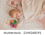 Small photo of newborn baby covered with blanket sleeps in his crib with his favorite toy. healthy children's sleep without a pillow. happy carefree infancy. products for children, natural materials. space for text
