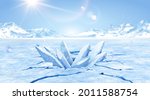 3d glacier scene design with cracked and exploded ice. Blank background suitable for displaying icy product.