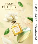 3d fragrance reed diffuser ad template. Glass bottle mockup flying in the mid air with jasmine flower drawings and colorful marble disk in the background.
