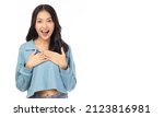 Small photo of Surprised happy beauty asian woman looking camera in excitement with happy and smile face Expressive facial expressions. Beautiful girl act like a satisfied product Isolated on yellow background