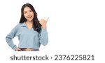 Small photo of Beautiful young Asian woman pointing up to copy space and looking at camera with smile face and happy Pretty girl act like a satisfied product, use for advertising with isolated on white background