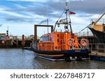 Small photo of LOWESTOFT, SUFFOLK, UK – FEBRUARY 18, 2023: Shannon-class RNLB lifeboat Eric’s Legend (13-40) moored at Lowestoft. Named after philanthropist Eric Cass, an avid supporter and funder of the RNLI.