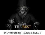 Small photo of You are the best motivational text , Man in the form of a Lion seated on the throne, king , The lion person , animal face isolated black white