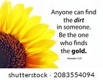 Small photo of Inspirational quote - Anyone can find the dirt in someone. Be the one who finds the gold. Proverb 11.27. With half yellow sunflower petals on white background. Words of wisdom concept.