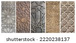 Small photo of Set of vertical or horizontal banners with traditional islamic ornament on wooden and metal doors. Window shutters with antique iranian pattern. Ornament with carving for wood and chasing for brass