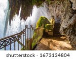 Natural attractions of Greece. City Of Edessa. Waterfalls in Edessa. Path under the waterfall. Travel to Greece. The Waterfalls Of Edessa. Nature Of Greece.