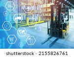 Small photo of Technology fulfillment. Forklift in logistics warehouse. Fulfillment symbols next to forklift. Racks with boxes in warehouse. Goods fulfillment services. Storage and transportation of orders