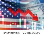 Small photo of Arrow down and American money. USA flag with decline chart. Decline in USA bond yields. Decrease in profits American corporations. Falling income in USA. Reducing GDP growth concept.