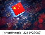 Small photo of Digital board with China flag. Electronic board of Chinese origin. PRC symbol on microprocessor. PCB from China. Fragment digital board under magnifying. Microprocessor made in China.