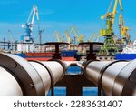 Small photo of Gas pipeline in port. Supply liquefied propane. Pipes on seashore. Ocean harbor. Lng supplies by sea. Oil and gas infrastructure. Equipment for loading propane onto ships. Liquefied natural gas pipes