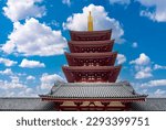 Pagoda in Japan. Tokyo architecture. Classic buddhist temple. Pagoda in summer weather. Japan architecture. Japanese buddhist temple. Pagoda for buddhist pilgrims. Tour to Japan. Holidays in Tokyo