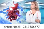 Small photo of Doctor woman. Probiotics near stomach. Digestive tract. Probiotic cells. Girl gastroenterologist. Doctor recommends probiotics. Woman examines microbiota digestion. Probiotics around gut and stomach