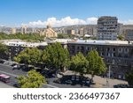 Small photo of Yerevan cityscape. Summer in Armenia. Yerevan view from quadcopter. Streets Armenia. Armenian architecture. Tour around sights of Armenia. Cathedral of St. George illuminator. Yerevan city tour