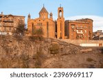 Small photo of Churches of Armenia. Sights of Yerevan. Surb Sarkis church. Buildings on rocky bank of Hrazdan river. Ancient architecture of Armenia. Vicar cathedral with crucifixes in Yerevan. Guide to Armenia.