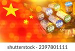 Small photo of Chips from casino. Flag of China. Gambling business of People Republic of China. Games for money in PRC. Gambling in Chinese casinos. Background for China gambling industry. Casino in Beijing