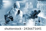 Small photo of Scientist biologist. Laboratory assistant with flasks and microscope. Woman in chemical protection suit. Scientist biotechnology. Lady is engaged in pharmacology. Woman biologist with microscope
