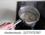 Serving of traditional Russian dough and meat dish in a boiling water in a pot. Dumplings filled with meat, cheese and mushrooms. Popular Eastern European food