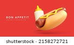 Bon appetit banner with 3d realistic hotdog and mustard bottle on red background. Vector illustration