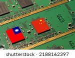 Flag of the Republic of China and Taiwan on microchips over a DDR memory module for Computer. Taiwan manufacturing chip industry emerges as battlefront in U.S. - China showdown.