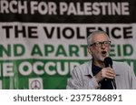 Small photo of London, Whitehall, UK, 14th October 2023, Pro-Palestinian supporters, demonstrate outside Downing Street, against Israel's possiblr planned assault on Gaza. Jeremy Corbyn.