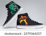 Small photo of kent, uk 01.01.2023 Vans Sk8-hi Reissue x Marvel comics The Avengers rare collectable sneakers Iconic retro vintage classic fashion revival sneakers. skateboarding culture.