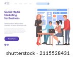 Social media marketing for business website vector. Colleagues discuss social media promotion strategy. Employees create online advertising, marketing plan. Teamwork with account, customer profile