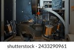 Small photo of Automated machine with rotating coils and wire. Creative. Coils rotate on stack with winding wire. Industrial machine rotates and winds copper wire