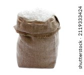 Small photo of Mineral nitrogen fertilizer urea, isolated on a white background in a bag. Urea granules in a bag isolated on a white background. Ammonium nitrate in a sack on a white background.