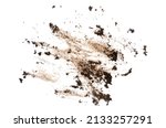 Small photo of Mud spots of soil, isolated on white background, top view. Earth stain dirt isolated on white background, top view. Spot of fertile soil layer isolated on white background, top view.