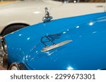 Small photo of Sparkford.Somerset.United Kingdom.March 26th 2023.Close up of the Austin badge on an Austin A35 RAC van from 1960 at the Haynes Motor Museum in Somerset
