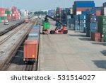 Small photo of Cargo train platform with freight train container at depot in port use for export logistics background.