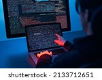 Small photo of Man using computer and programming to break code. Cyber security threat. Internet and network security. Stealing private information. Person using technology to steal password and private data. Cyber