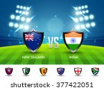 New Zealand VS India Cricket Match concept with other participant countries flags on stadium lights background.