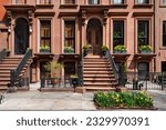 Small photo of Row of townhouse entrances with stoop steps. Brownstones in Brooklyn Heights, New York City