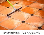 Small photo of Selective focus to wiper or squeegee to clean floor surface. Cleaning floor with wiper. The concept of cleaning service.