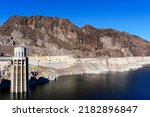 View of record low water level of Lake Mead, key reservoir along Colorado River, during severe drought in the American West from Hoover Dam.