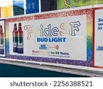 Small photo of Pride SF Bud Light beer advertisement with rainbow bottle - San Francisco, California, USA - 2023