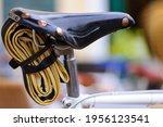 Small photo of niedersulz, austria, 12 june 2016, tubular tire and brooks leather addle on a classic road bike at tha vintage bicycle event in velo veritas
