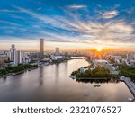 Small photo of Yekaterinburg city with Buildings of Regional Government and Parliament, Dramatic Theatre, Iset Tower, Yeltsin Center, panoramic view at summer sunset. Yekaterinburg, Russia